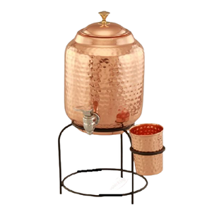 Designer Round Shape Drinking <b>Water</b> <b>Cooler</b> Copper Hammered <b>Water</b> <b>Cooler</b> With Black Iron Stand And Copper Glass - Product Image 4