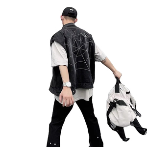 Chaqueta de mezclilla bordada con telaraña para hombre, chaleco sin mangas de gran tamaño con capas de verano, ropa de calle Retro Y2k - Product Image 3