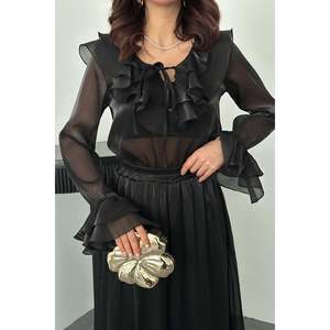 Conjunto de blusa negra con volantes y falda con cintura elástica - Negro - Product Image 3