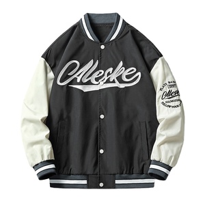 Men's High Street Baseball <b>Varsity</b> <b>Jacket</b> Genuine Leather Sleeves Multiple Embroidered <b>Red</b> <b>Black</b> Patches Versity Letterman - Product Image 1