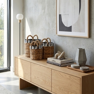 Juego de Cestas de Almacenamiento de Plástico Reciclado con Diseño de Corteza de Plátano Natural, Borde Blanco y Negro, Asa Arqueada, Organizador de Macetas, Diseño Artístico Puro - Product Image 4