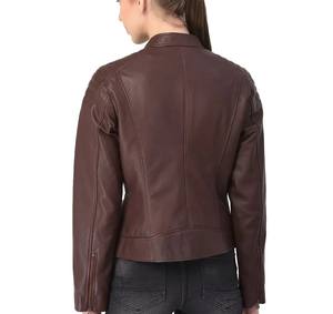 แจ็คเก็ตหนังแกะสีน้ำตาลเข้มสำหรับผู้หญิง ระบายอากาศได้ดี แบบเย็บติดกัน มีซิป ทรงนักแข่ง บุด้วยผ้าฝ้าย - Product Image 4
