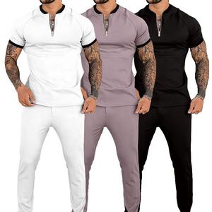 Ensemble de survêtement unisexe grande taille coupe ajustée pour l'automne – T-shirt polo à manches courtes zippé et col revers, pantalon de sport uni léger - Product Image 2
