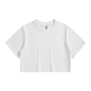 2024 femmes personnalisé haut court T-shirt lavage à l'acide plaine ample t-shirt décontracté femmes O cou coton haut court t-shirt - Product Image 4