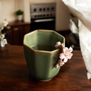 BRUSHSTROKE BLISS Crafted Natural Clay Ceramic Mugs-Eco-Friendly Green Colored Pink Floral Accents Microwave <b>Dishwasher</b> Safe - Product Image 6