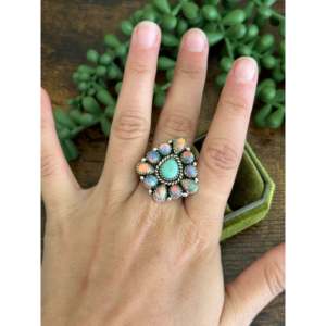 Southwest Handmade Multi Stone <b>Sterling</b> <b>Silver</b> <b>Adjustable</b> Cluster <b>Ring</b> - Product Image 2