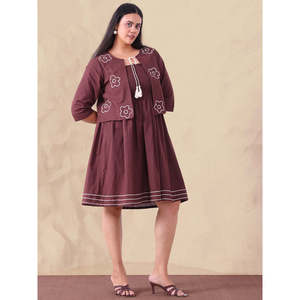 Deebaco Women's Brown Plus <b>Size</b> Cotton Embroidered Floral A-Line <b>Dress</b> With Shrug Knee-Length Bohemian Casual <b>Summer</b> Style - Product Image 5