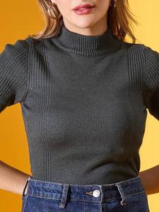 Half Sleeve <b>Turtle</b> <b>Neck</b> Stretch Ribbed <b>Top</b> <b>Women</b> Regular Fit Tshirt Summer Short Sleeve - Product Image 3