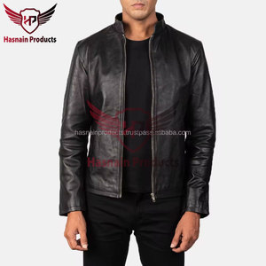 <b>Mens</b> Real Black Leather <b>Jacket</b> Stand Collar Full Zip Side Pockets Sheepskin Biker Coat Custom Minimalist Winter Outerwear - Product Image 4