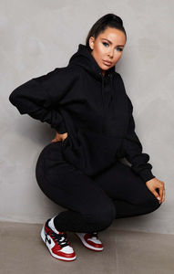 Haute demande noir 2 pièces femmes sweat à capuche surdimensionné et taille haute couture avant revers survêtement ensemble femmes 2 pièces survêtement sweat ensemble - Product Image 3