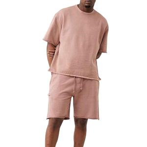 Conjunto de 2 Piezas de Moda para Hombre, Camiseta de Manga Corta y Pantalones Cortos, Ropa Masculina de Verano, Cuello Redondo, Color Rosa, Lavado Ácido, Cómodo - Product Image 3