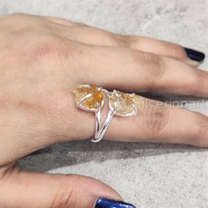 Bijoux en pierre brute Bague pour femme Citrine naturelle Pierre précieuse brute Novembre Pierre de naissance Double pierre Bijoux en argent sterling 925 - Product Image 3