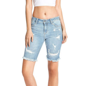 Shorts Vaqueros de Mezclilla de Alta Calidad para Mujer, Estilo Vintage, Desgastados, Lavado Claro, Largo hasta la Rodilla, Venta al por Mayor - Product Image 1