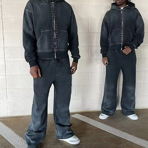 Custom Distressed <b>Zip</b> <b>up</b> Colorful Flared Sweatpants and Hoodie Sets Men Streetwear Rhinestone Tracksuit Acid Wash Sweatsuit - Product Image 1