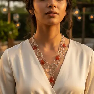 สร้อยคอพลอยคาร์เนเลียนสีเงินสำหรับผู้หญิง เครื่องประดับหรูหรา ชุบทองคำ 14K ชุบโรเดียม ประดับด้วยพลอยแซฟไฟร์และเพทาย วัสดุโรสโกลด์ - Product Image 1