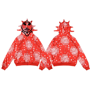 Wholesale White <b>Paisley</b> <b>Print</b> <b>Hoodie</b> With Creative Horned Hood Fashion Casual Streetwear Zip up Sweatshirt for <b>Men</b> - Product Image 5