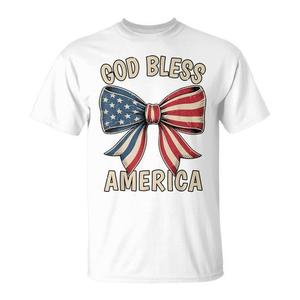 Camiseta Promocional Personalizable para Niñas Pequeñas con Lazos Coquette y Diseño de Dios Bendiga a América para el 4 de Julio - Product Image 1