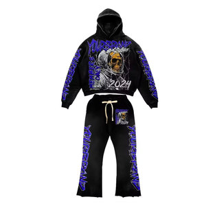 Oversized Vintage Acid Wash Full Cotton Tracksuit Set Featuring Custom DTG <b>Hoodie</b> and Flared Sweatpants for American Streetwear - Product Image 4