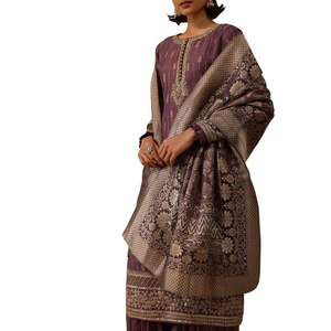 Kurti Sharara en soie violet bordeaux avec brocart en mousseline de soie Dupatta pour tenue de réception de mariage traditionnelle - Product Image 1