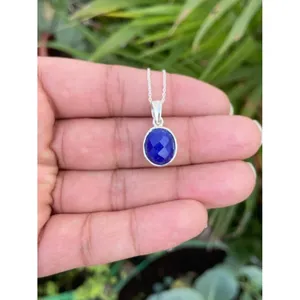 Collier pendentif en lapis-lazuli naturel de 18 pouces plaqué rhodium, argent sterling 925, bijoux en pierres précieuses faits à la main, OEM ODM - Product Image 1