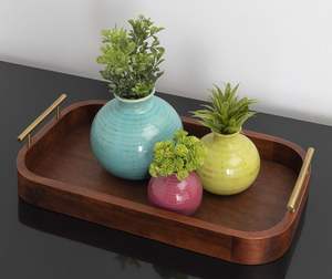 Plateau de rangement ovale en bois massif de luxe avec élégantes poignées en laiton, bord profond, finition lisse, pour cuisine, salle à manger, table basse, décoration intérieure - Product Image 1