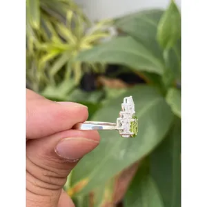 925 Silver Natural Peridot <b>Ring</b> with Oval Cut Gemstone Geometric Pattern Rhodium Plated Everyday Wear <b>Rings</b> - Product Image 4
