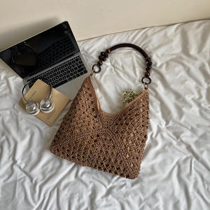 Bolso de Verano de Ganchillo para Mujer, Nuevo Estilo Vintage con Cuentas de Madera, Bolso de Hombro/Axilar para Playa, de Poliéster, Estilo Vacaciones en la Costa - Product Image 6
