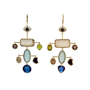 Quality Goods14K gold plated multi color gemstone 925 sterling silver jewelry wholesale manufacture silver blue topaz earring