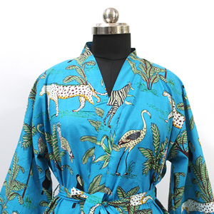 Bata de Baño Tipo Kimono con Estampado Animal Turquesa, 100% Algodón, Cuello en V, Transpirable, para Mujer, Ropa de Dormir para Primavera y Otoño - Product Image 1