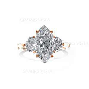 Anillo de Compromiso y Aniversario Clásico de Oro de 10K/14K/18K con Tres Piedras de Moissanita Creada en Laboratorio con Corte Marquesa y Certificado GIA - Product Image 1
