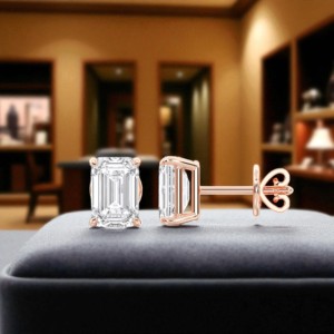 4,00 CT F/VS Emerald-Cut Lab-Grown Diamond Juego de cuatro puntas Stud Pendiente Chapado en oro Plata de Ley 925 Unisex - Product Image 2