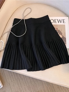 Black Pleated Knit Sweater <b>Skirt</b> High Waist A-line Mini Casual Medium Stretch Solid Color Women's Autumn <b>Winter</b> - Product Image 4