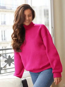 Sudadera Rosa de Cuello Alto con Felpa para Mujer, Corte Holgado, Hombros Caídos, Color Sólido, Ropa de Invierno, Suministro al por Mayor - Product Image 4