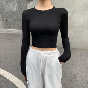 OEM Logo personnalisé femmes col rond recadrée t-shirts filles manches longues mince t-shirt basique sexy crop tops pour femme - Product Image 4