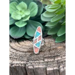 Vintage Navajo Turquoise Coral <b>Statement</b> <b>Ring</b> Geometric Sterling <b>Silver</b> <b>Ring</b> Vermeil Rhodium Plating Size 6.5 for Everyday Wear - Product Image 1