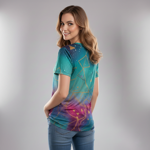 เสื้อยืดแขนสั้นพิมพ์ลายดิจิตอลสำหรับผู้หญิง ทรงปกติ ลายพิมพ์สีรุ้ง สไตล์หวาน โพลีเอสเตอร์ เป็นมิตรกับสิ่งแวดล้อม ระบายอากาศได้ดี - Product Image 4