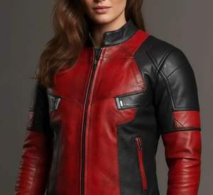 Veste en cuir rouge et noir pour femmes, style motard, en cuir véritable fait main, veste tendance pour l'automne - Product Image 4
