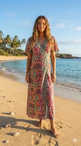 Vestido Maxi Coreano Paisley Y2K Bohemio Natural de Seda Tejida con Manga Acampanada, Corte A, Antiarrugas, Casual, para Uso Diario, Primavera Otoño, Dulce - Product Image 2