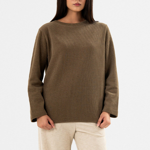 Classic Women Winter Full Sleeves <b>Brown</b> Ribbed Crewneck Sweatshirt Casual Wear Custom Made Cozy Winter Outfit - Product Image 1