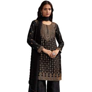 Traje Palazzo de seda negra con corte bordado Dana Work y Dupatta Venta al por mayor Mujeres Étnicas OEM Fábrica de ropa Proveedor a granel - Product Image 4