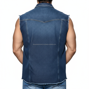 Gilet en jean sans manches pour homme, personnalisé OEM, style rétro, coupe ajustée, débardeur musculaire avec doubles poches et bords bruts - Product Image 2