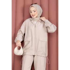 Ensemble décontracté 2 pièces côtelé avec fermeture éclair en beige (coupe ample pour l'été et l'hiver) - Product Image 2
