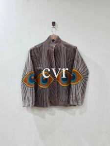 Blouson en velours brodé à la main, col mandarin, manches longues, grande taille, veste pour femme, motif géométrique à motifs oculaires, automne - Product Image 1