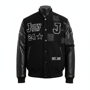 Veste universitaire pour homme en laine premium avec manches en cuir, panneau noir GSM, style universitaire, broderie de logo personnalisée, manches blanches pour homme - Product Image 1