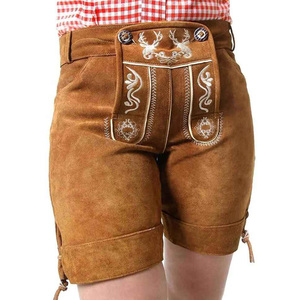 Pantalones cortos de cuero Vintage de cintura alta para hombre con bordado, ajuste holgado para adultos, decoración de bolsillo para Festival de la cerveza de Halloween - Product Image 1