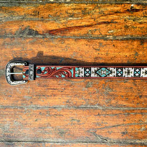 Ceinture Western en cuir véritable brodée à la main avec des perles et une finition peinte à la main, durable et avec une boucle en alliage - Product Image 3