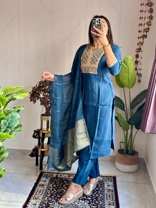 New Arrival 2025 Summer Comfort Pure Roman Silk With Embroidery Thread Work V Neck Fancy Kurti& Pent With Dupatta For Sale - Product Image 3