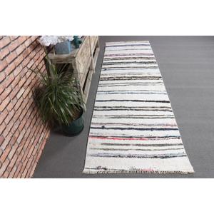 Tapis Kilim turc 2,7x8,8 pieds, tapis vintage en laine à carreaux blancs et bleus - Product Image 3