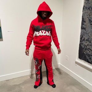 Ensemble de survêtement unisexe d'hiver rouge à capuche, respirant, 100% coton, logo personnalisé, deux pièces, décontracté, écologique, streetwear - Product Image 1