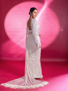 Trendmalls Saree pour femme avec broderie filet et sequins, pièce de chemisier non cousue, style fête et mariage, coupe classique - Product Image 3